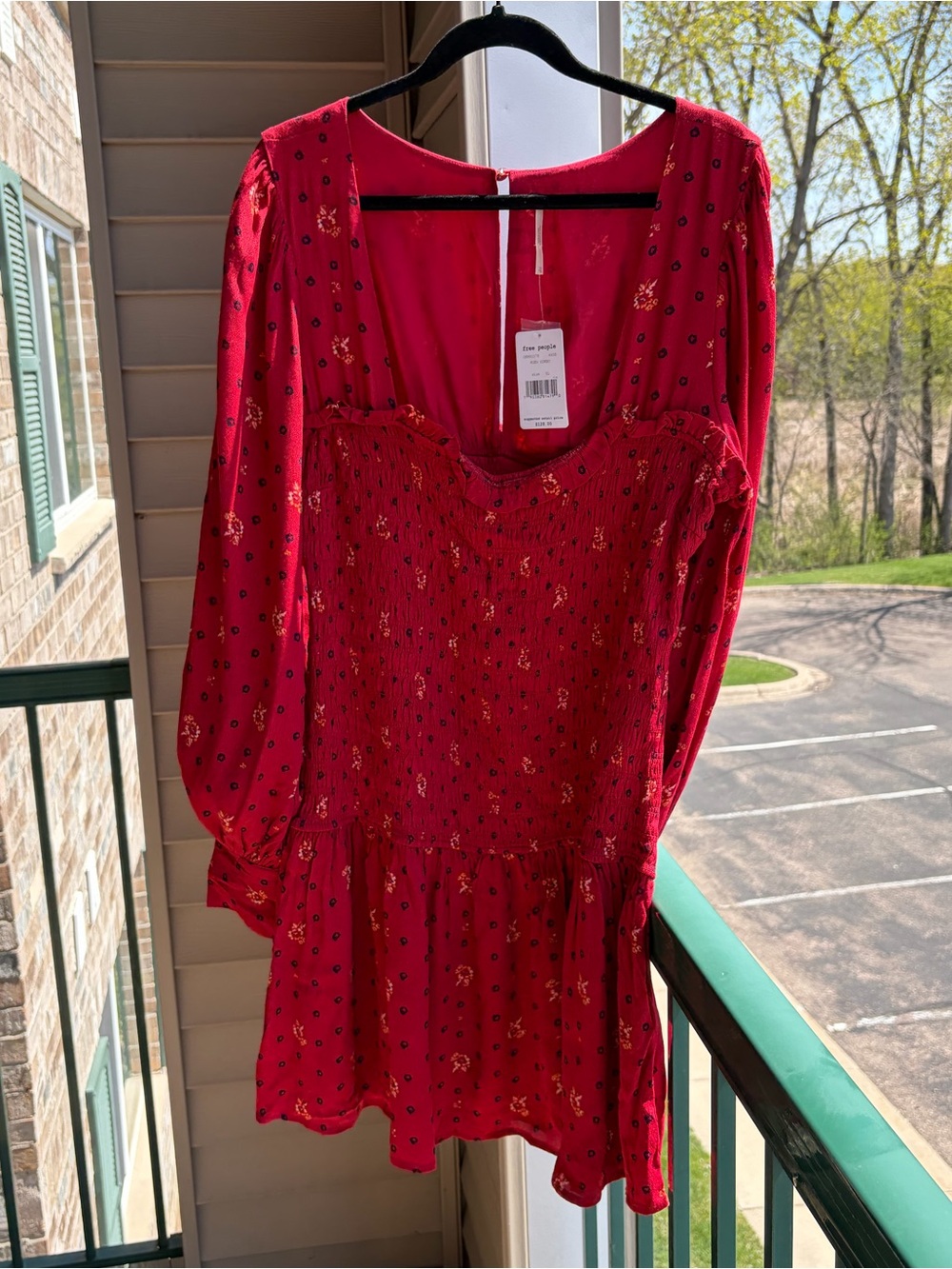 🆕🌹Free People Ruby Combo Smocked Mini Dress Boho Long Sleeve Red Floral XL Chic - Picture 4 of 17